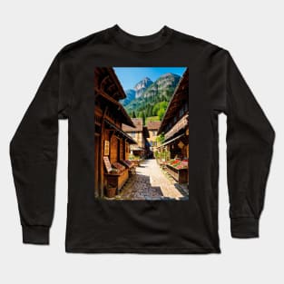 Mountain Towering Over a Medieval Market Square Long Sleeve T-Shirt